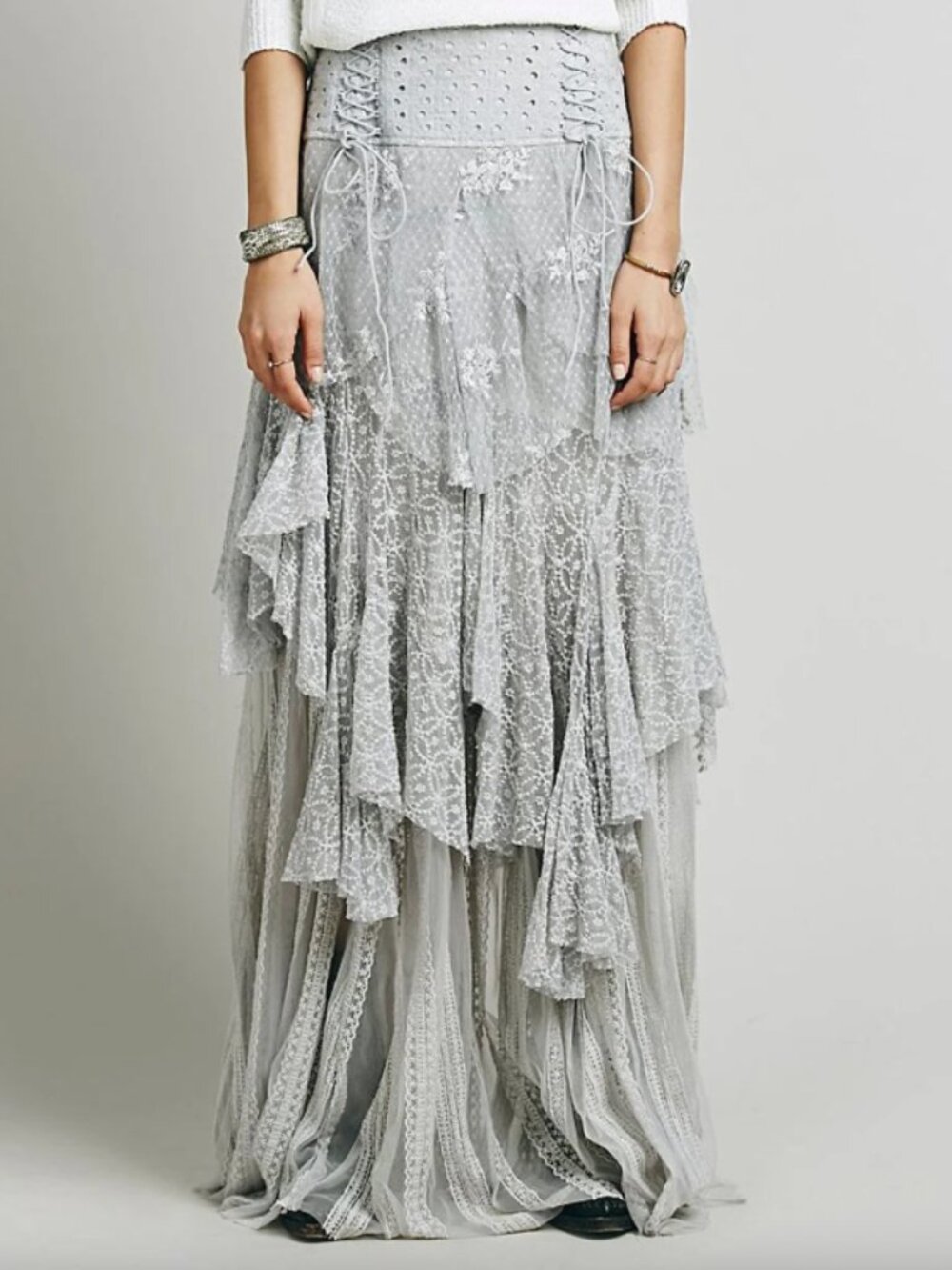 Free People Fp One Tiered Lace Maxi Grey Mesh Net Layer Ruffle Skirt Eyelet RARE